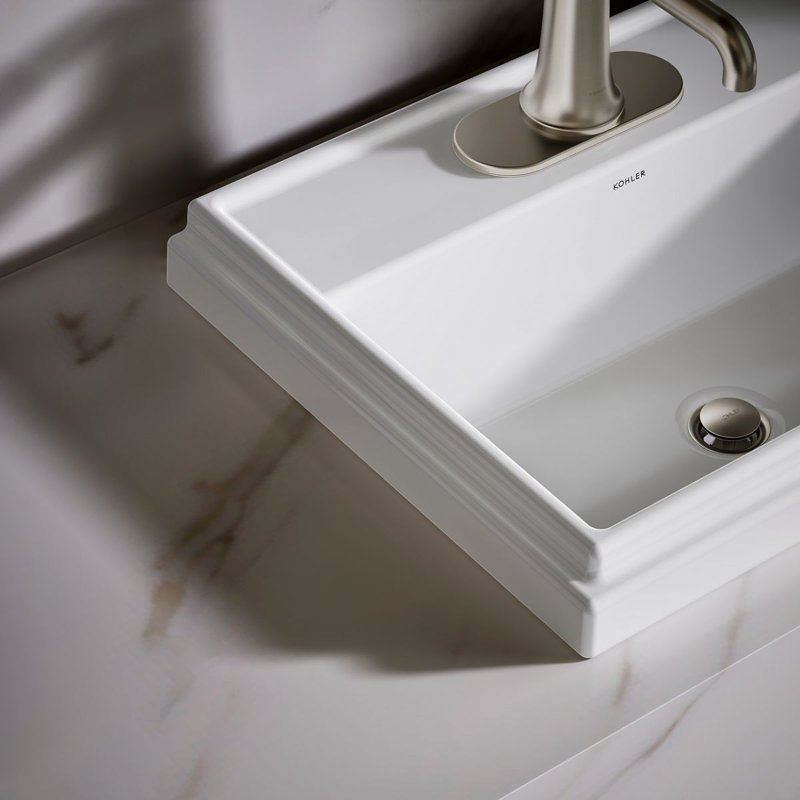 Tresham® Ceramic Rectangular Drop-In Bathroom Sink with Overflow, White, Single