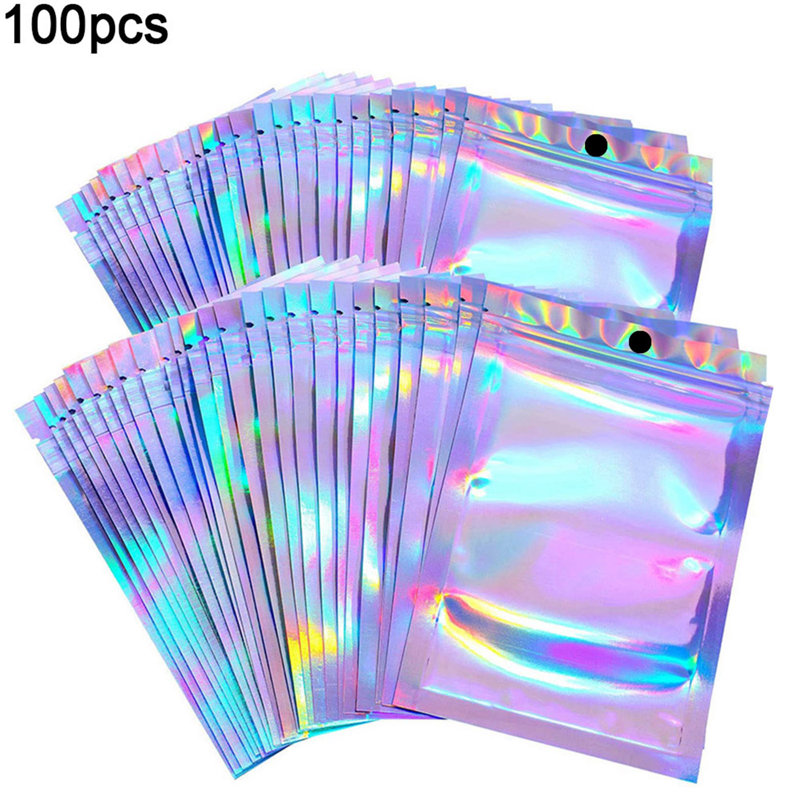 100 pièces / pochette avec fermeture à glissière et sacs holographiques refermables anti-humidité 3 tailles