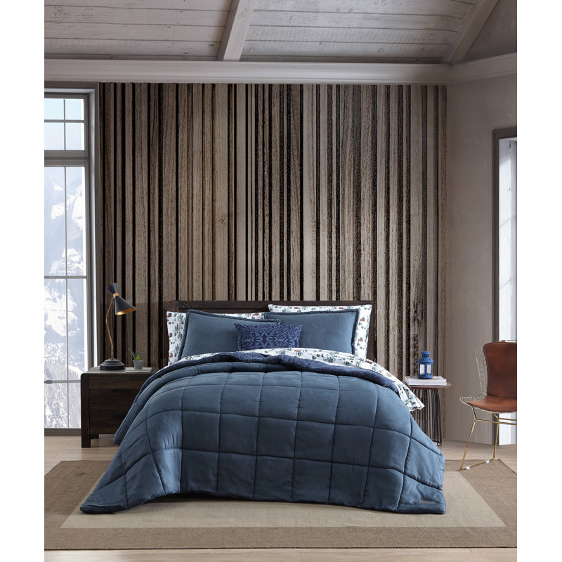 Ensemble d'édredon réversible en microsuède Eddie Bauer, Édredon double/grand et 2 taies décoratives, Bleu