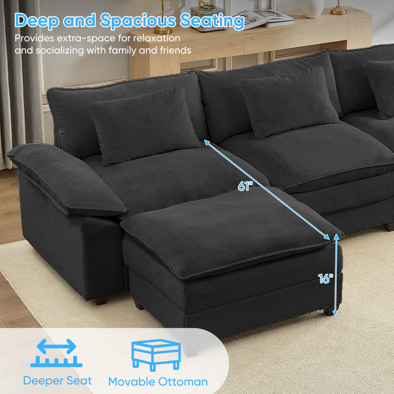 Canapé modulaire surdimensionné de 118 po avec coussins double épaisseur et repose-pieds, Gris foncé