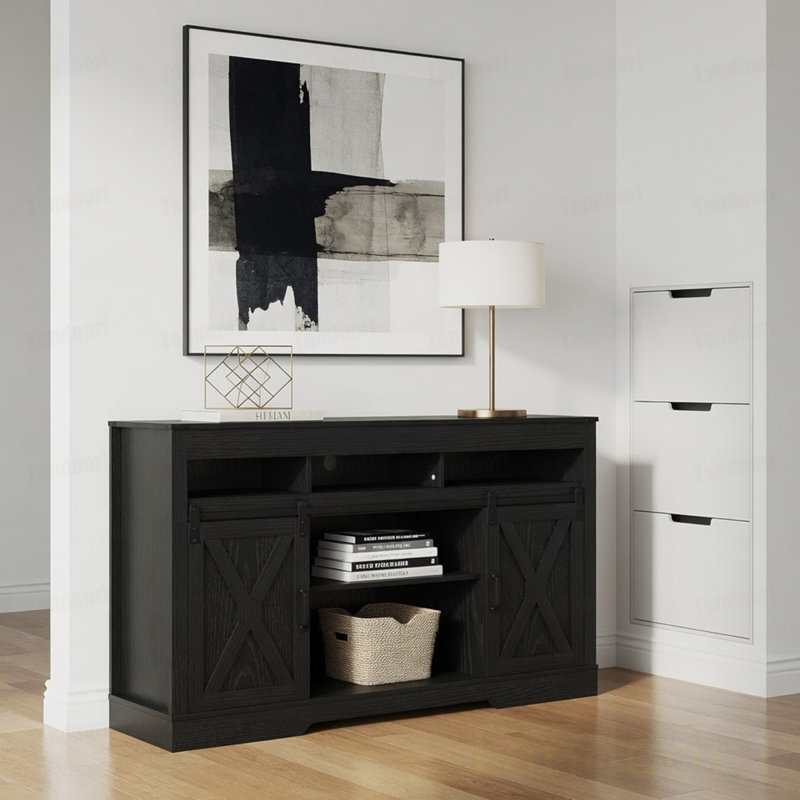 Meuble télé noir pour ferme 65 po avec portes de grange coulissantes et rangement