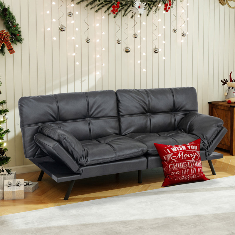 Oppelo 71'' Upholstered Convertible Sofa, Twin Sleeper Sofa Bed, Matte Black Faux Leather