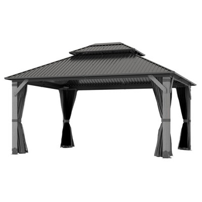 12 ft. W x 14 ft. D Outdoor Wood Gazebo, Hardtop Gazebo Permanent Cedar Wooden Gazebo with Galvanized Steel Double Roof