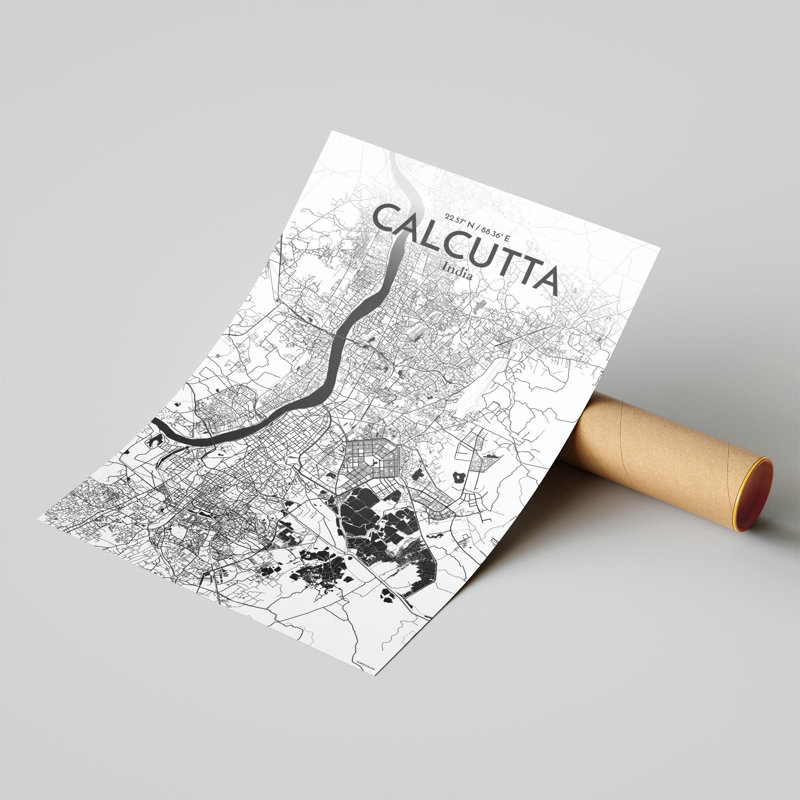 Calcutta City Map, impression, Noir et blanc, H 17 po x l 11 po x P 0,05 po