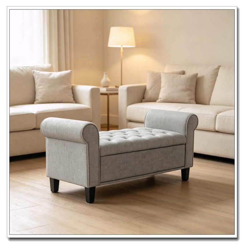 Banc de rangement touffeté à accoudoirs roulés, Gris, Gris
