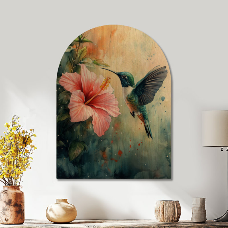 Colibri et hibiscus - décoration murale en bois botanique, 24" H x 18" W, Arche