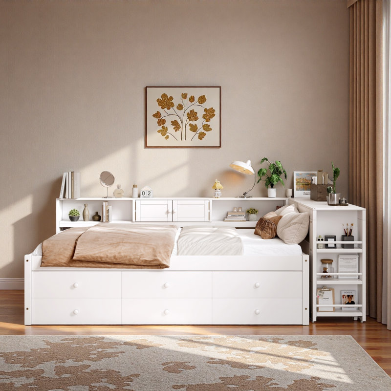 Wood Daybed With Storage Drawers, Side Shelves, Desk And Trundle, Twin, White