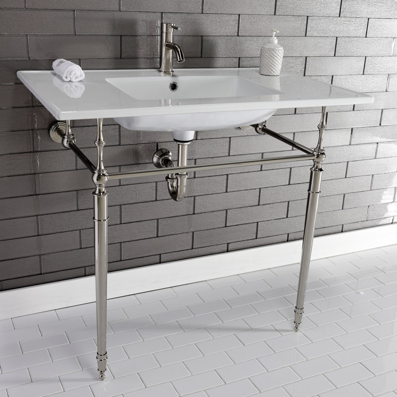 Kingston Brass Edwardian 37-Inch Ceramic Console Sink with Brass Legs, White/Polished Nickel, Single