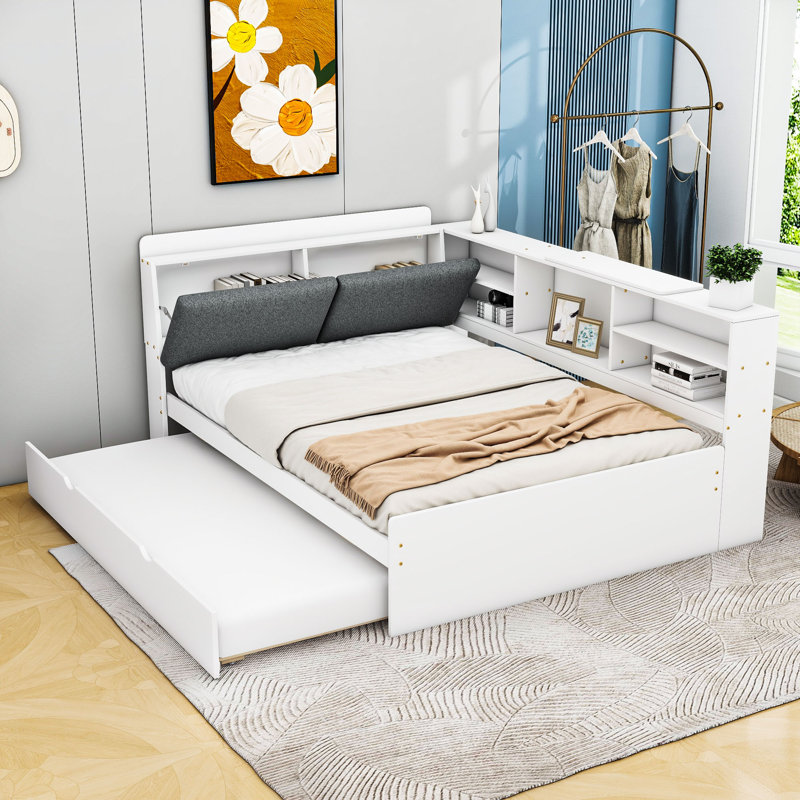 Lit plateforme en bois avec lit gigogne, tablettes et tête de lit, Complète, Blanc