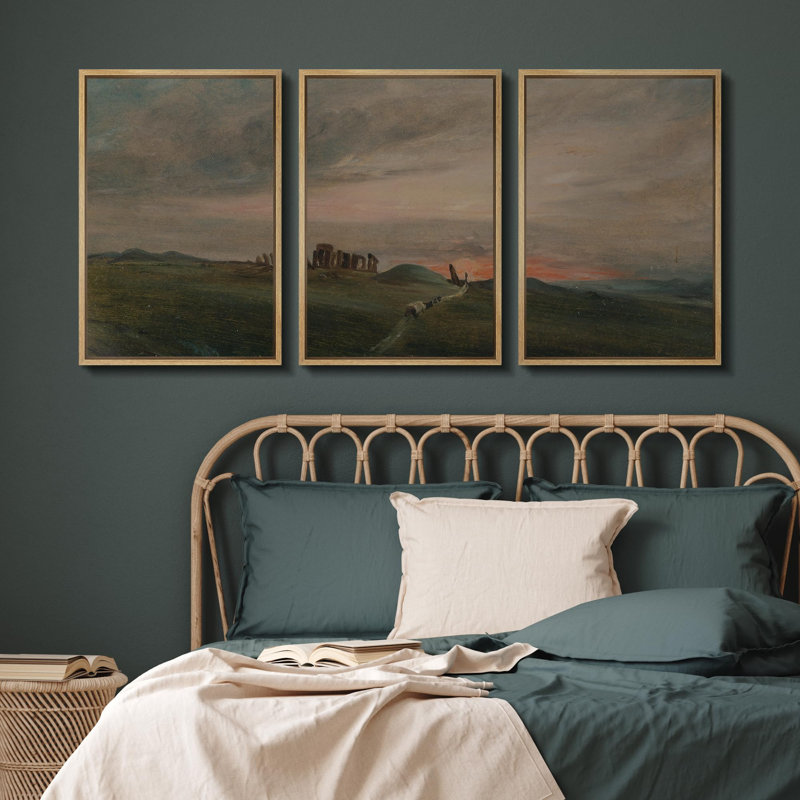 " Historic Stonehenge Mysterious Nature Landscape Illustrations Modern Art Decor Rustic Relax " 3 - Pieces, Naturel