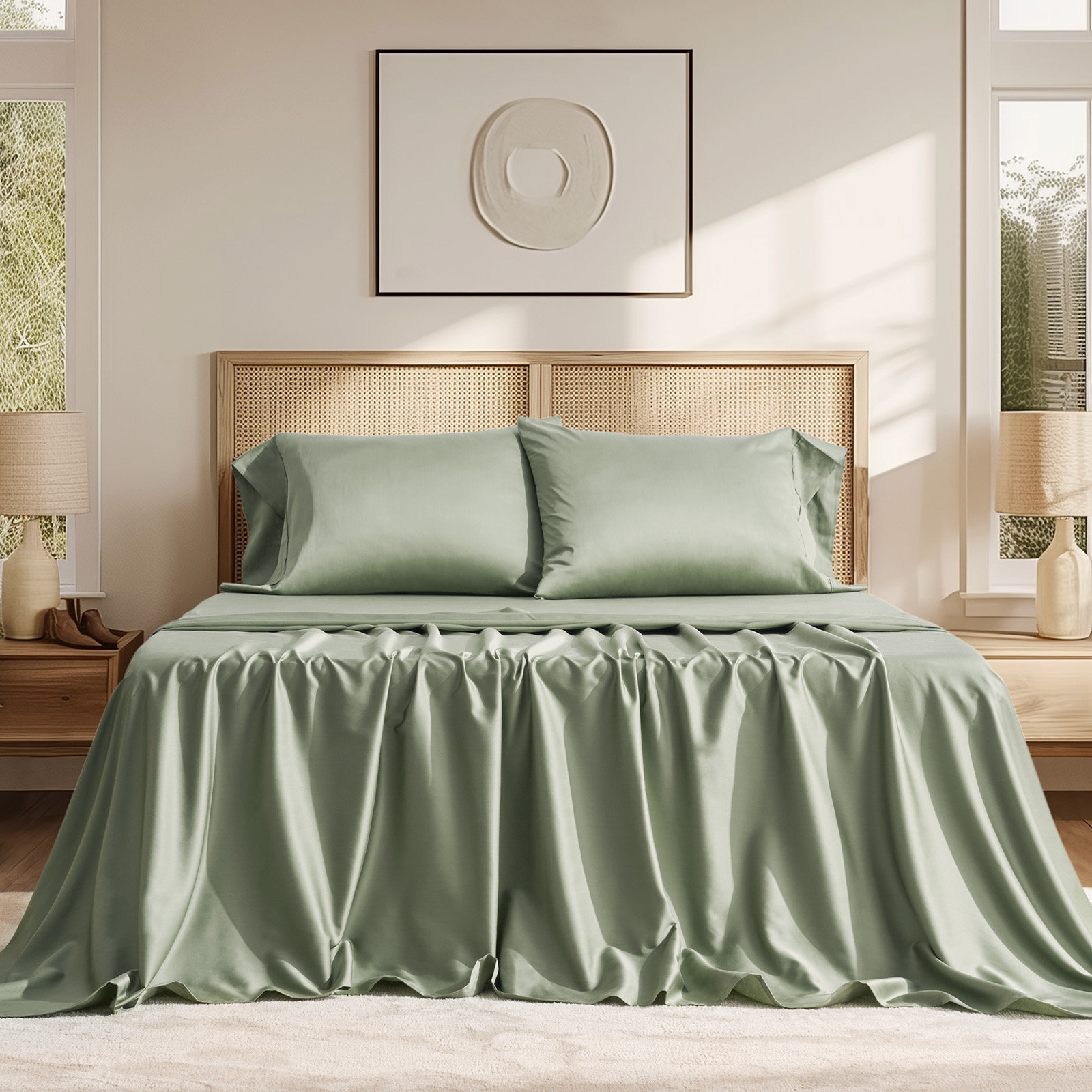 Cotton Tencel Sheet Set, Bright White, Queen Sheet Set with 3 Additional Pieces