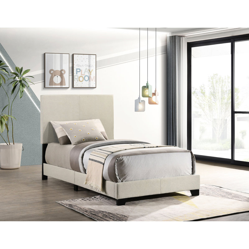 Lit simple avec panneau rembourré crème et tête de lit rembourrée confortable, structure en bois d'ingénierie en bois d'hévéa, pieds solides noirs, accessoire de chambre à coucher, conception transitionnelle, lit requis pour sommier tapissier,