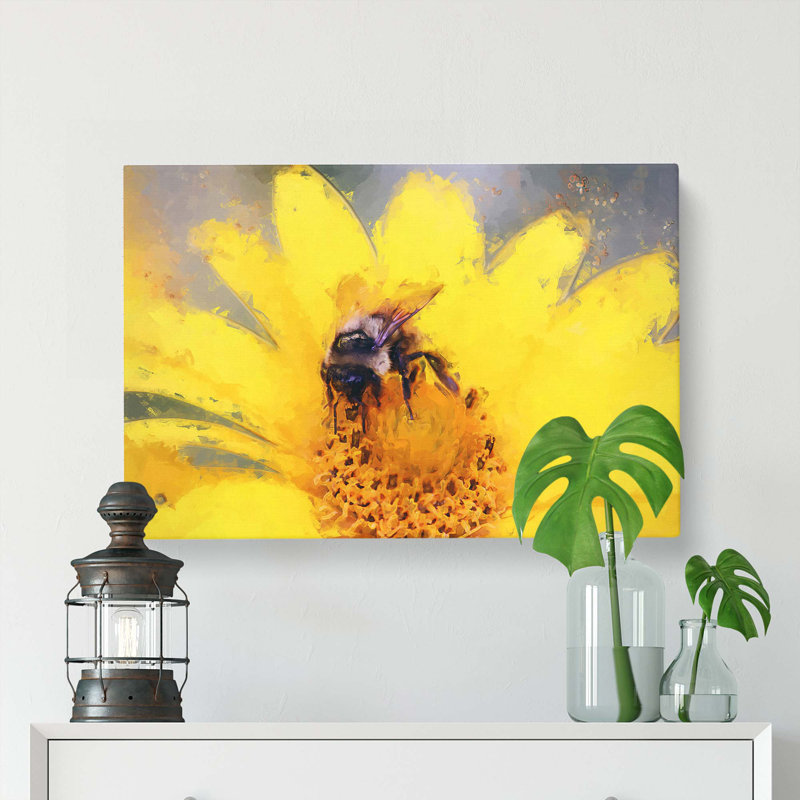 Bee Collecting Pollen In Abstract - Wrapped Canvas Painting, 60cm H x 91cm W x 3cm D