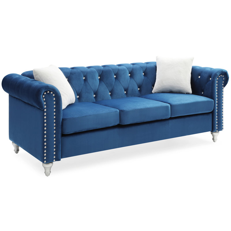 Julianne 82" Rolled Arm Chesterfield Sofa, Navy Blue Microfiber/Microsuede