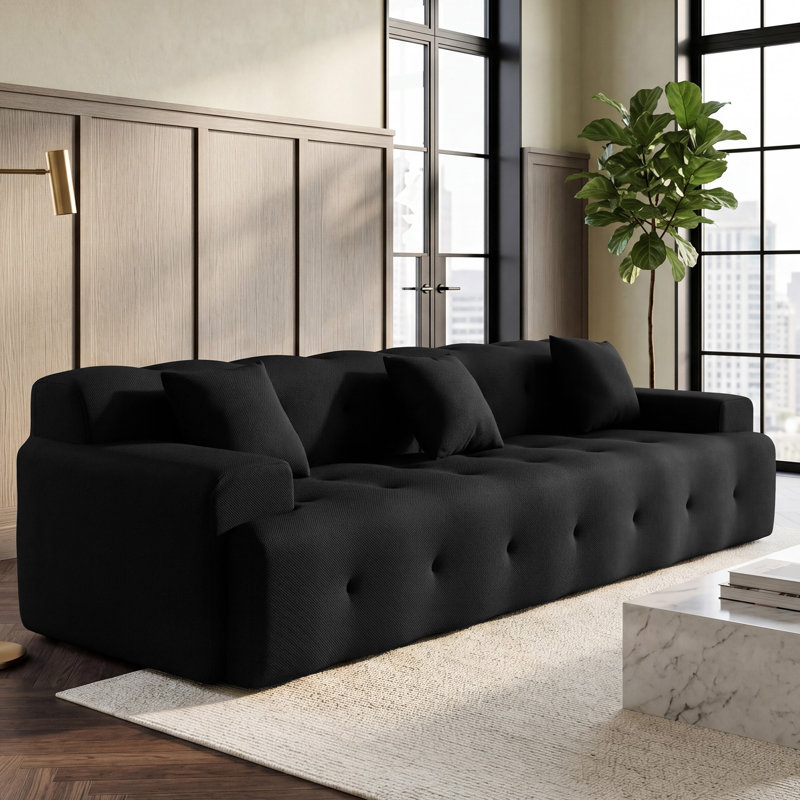 Boneless 114" Compression Cloud Sofa Deep Seat Large Couch With Pillows, Black