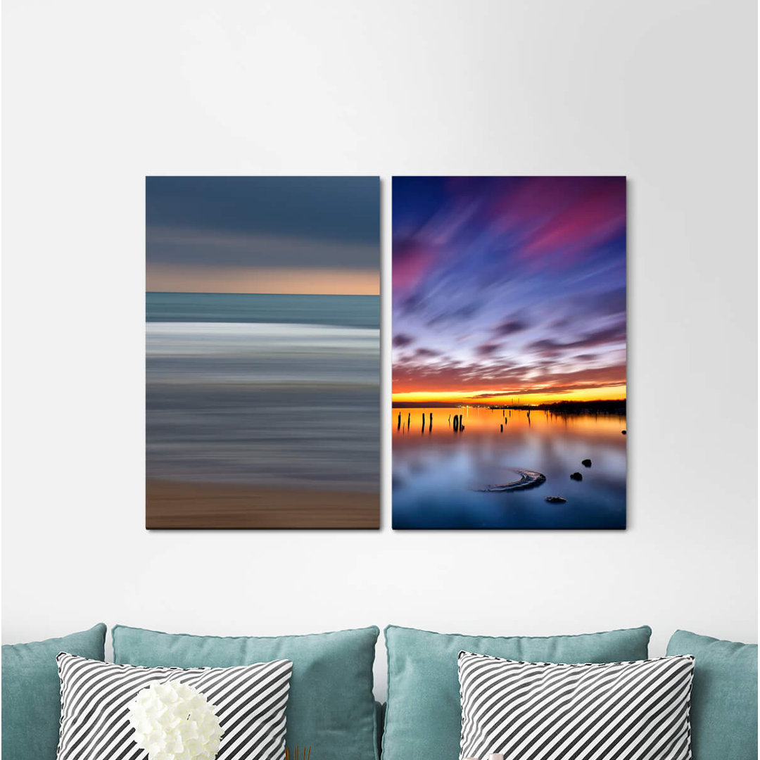 2-tlg. Leinwandbilder-Set - Grafikdruck „Horizon Minimal Sea Sunset Summer Dusk”