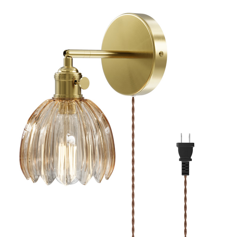 Lot de 2 appliques murales tulipe ambrées avec bras articulé, finition laiton chaud, à brancher ou à câblér, Amber / Brass