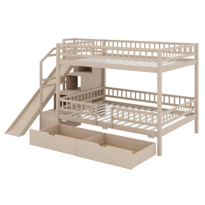 Lit superposé fonctionnel avec escalier de rangement, glissade et 2 tiroirs, Noyer