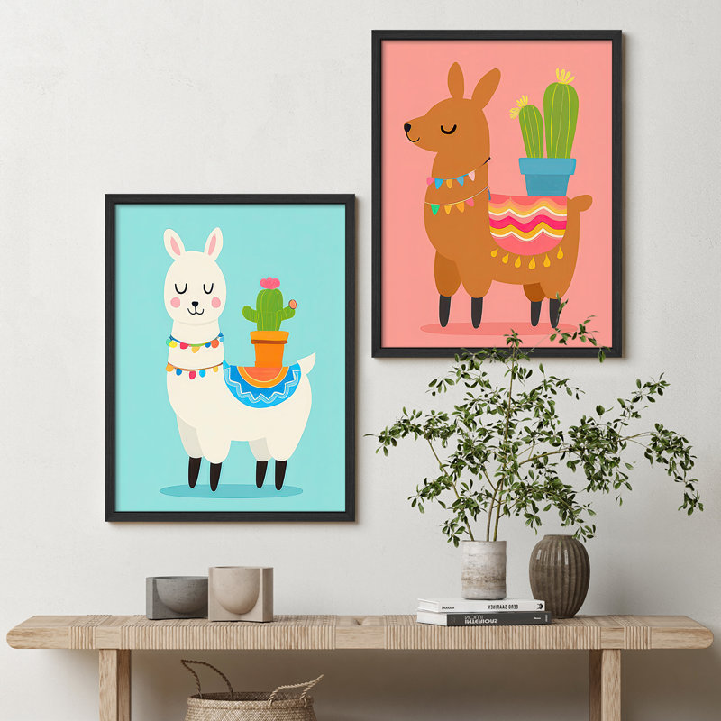 Ensemble de 2 art mural encadré lama et cactus ludique, H 14 po x l 11 po, Blanc