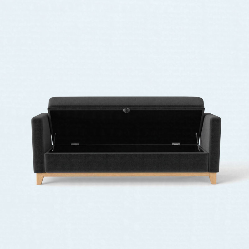 Banc de rangement en sherpa 66 "avec pieds en bois et traversins, noir, Black, Natural