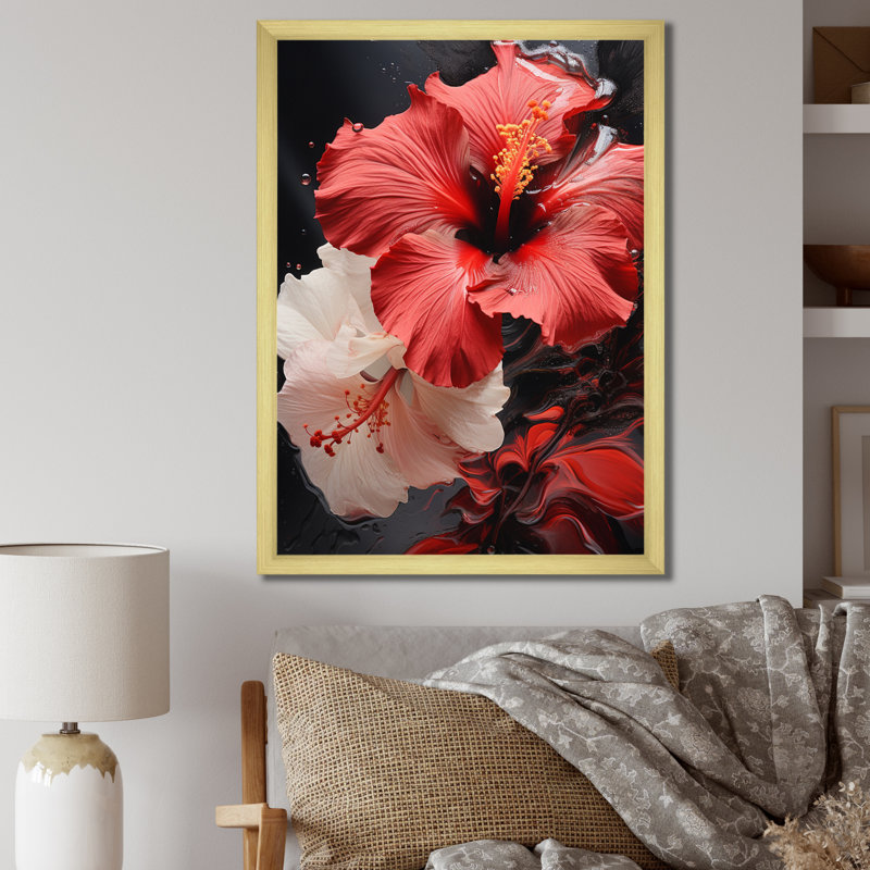 " Red Daisiy Flowers II ", 40" H x 30" W x 1.5" D, Gold Picture Framed
