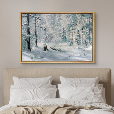 «Snowy Winter Forest Landscape Vintage Rustic Farmhouse Country Decor», reproduction d'art sur toile encadrée