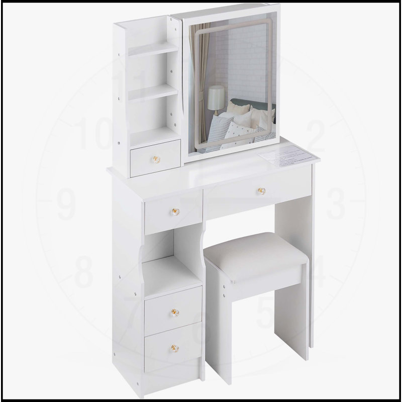 Table de coiffeuse compacte avec miroir à DEL de pointe et grand espace de rangement, Blanc