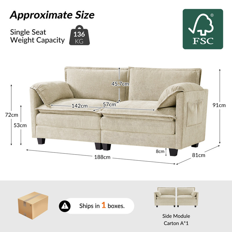 Esteban 187.96cm W Modern 2 Seater Sofa with Elephant Ear-Shaped Armrests, Beige