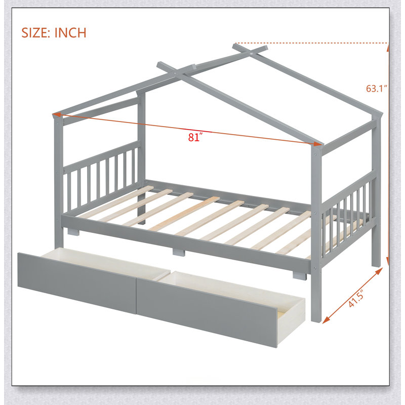 Wooden House Bed With Drawers, Gris, Lit simple