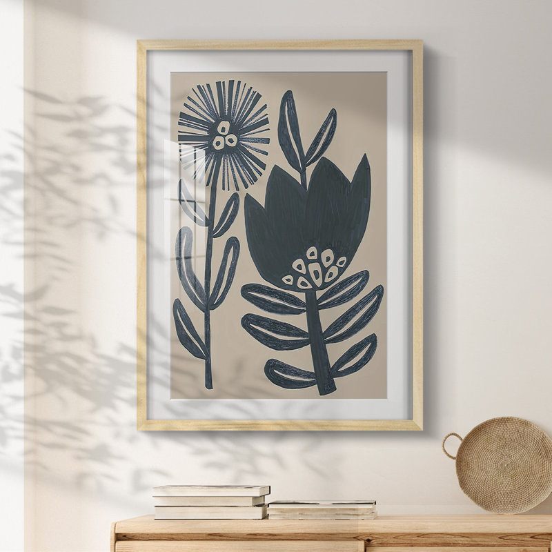 «Blockprint Folk Flowers I», impression encadrée, Naturel, H 25,5 po x l 17,5 po