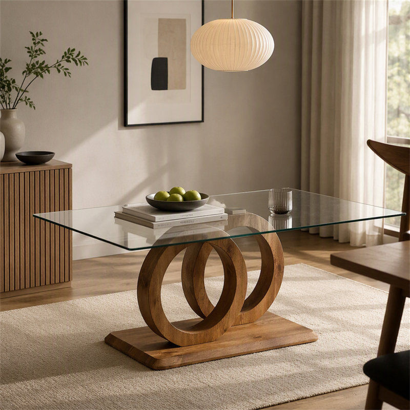 Une table basse rectangulaire moderne et tendance avec un plateau en verre trempé et des pieds en grain de bois. Convient au salon: 47,2 po x 25,4 po x 17,9 po