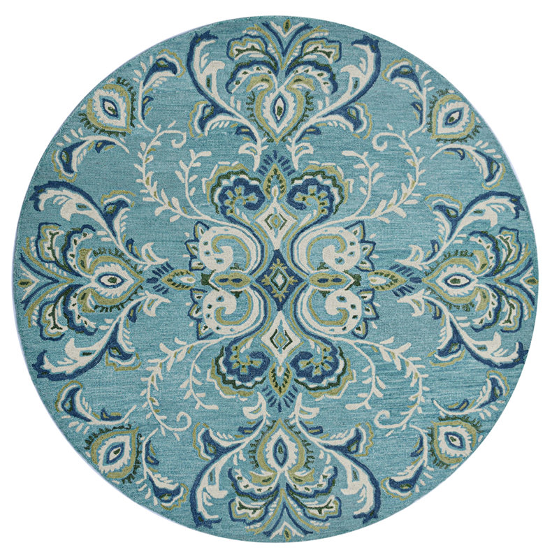 Adelaide Hand Hooked Aqua/Green/Ivory Wool Rug, Round 7'