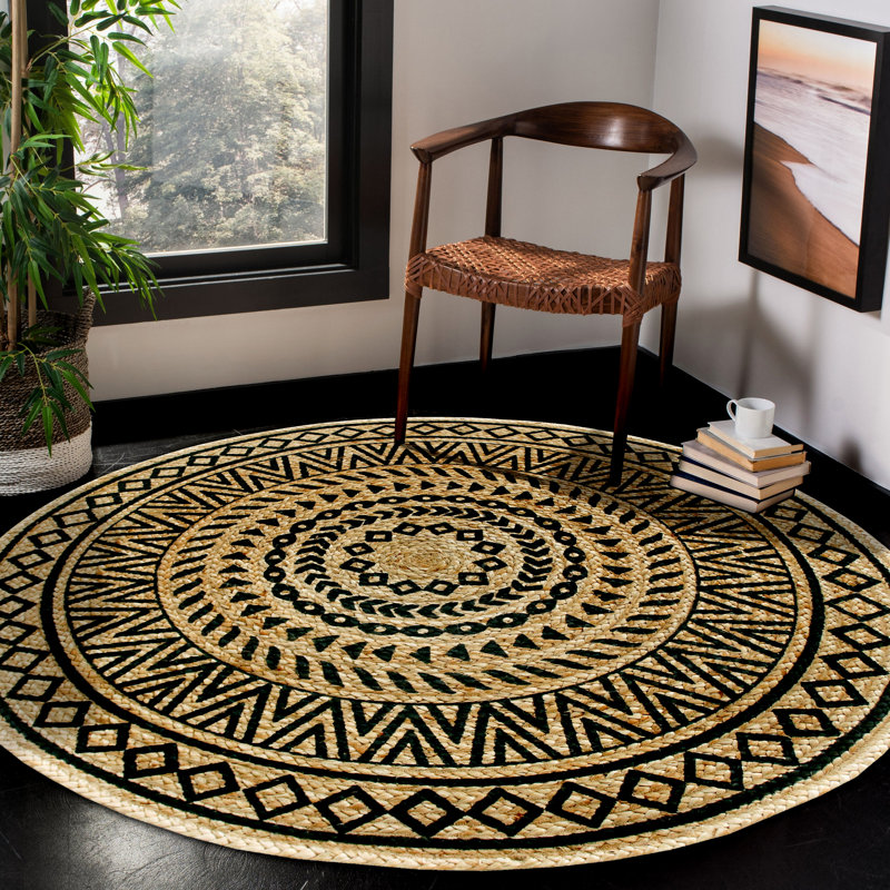 Tapis noir en jute tressé à la main Detrevion Southwestern, Rond 6 pi