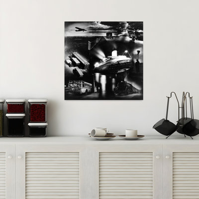 1930S Montage Of Transportation Images Airplane Railroad Train Bus Truck Automobile Ocean Liner Classic Retro Vintage Ocean Urban Wall Art