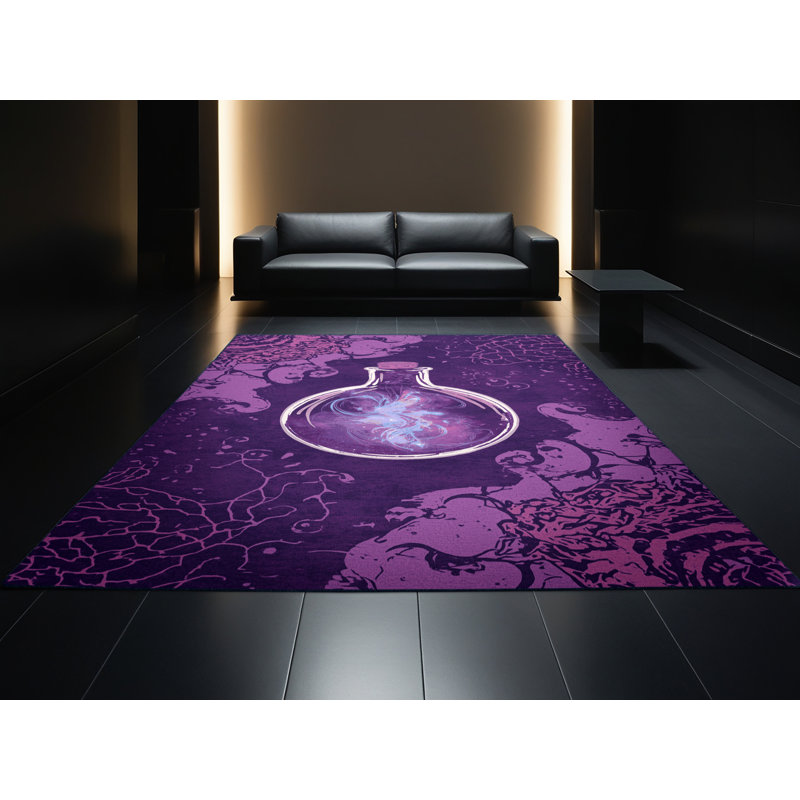 Soft Plush Feliz Halloween Modern & Contemporary Abstract Area Rug in Purple – Navy Binding, 2x4