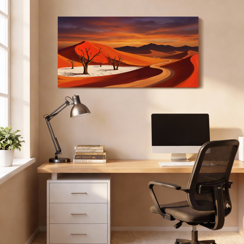 Tableau sur toile représentant un paysage désertique avec des dunes rouges et des arbres en silhouette (lot de 1), 3216