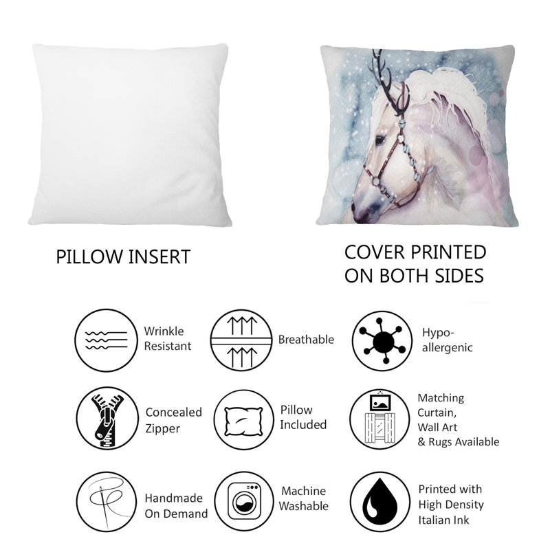 A White Horse With A Snowwhite Mane With Bells - Traditional Printed Throw Pillow 1