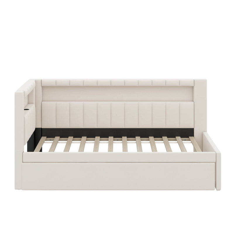 Lit plateforme simple tapissier avec ports USB, ceinture à DEL et lit gigogne, Blanc