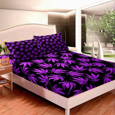 Botanical Bliss Marijuana Leaf Bedding Set - Trippy Queen Size Fitted Sheet & Pillowcases - 3-Piece Set for Vibrant Bedroom Decor