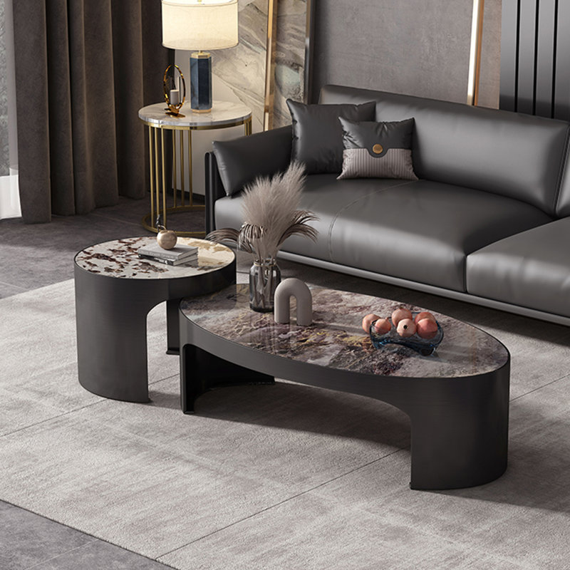 Oval-shaped granite tabletop coffee table, 15.7" H x 51.2" L x 27.6" W, Brown/Gray