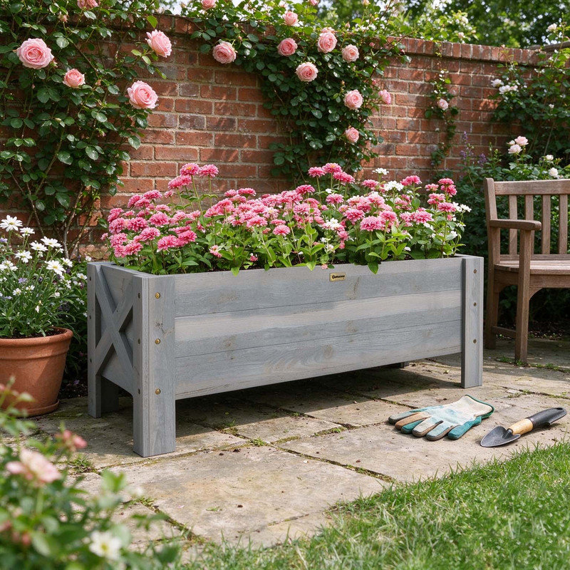58L Fir Wood Raised Garden Bed Planter Box, Outdoor Grow Container for Flowers & Vegetables, 100 x 36.5 x 36 cm, Grey