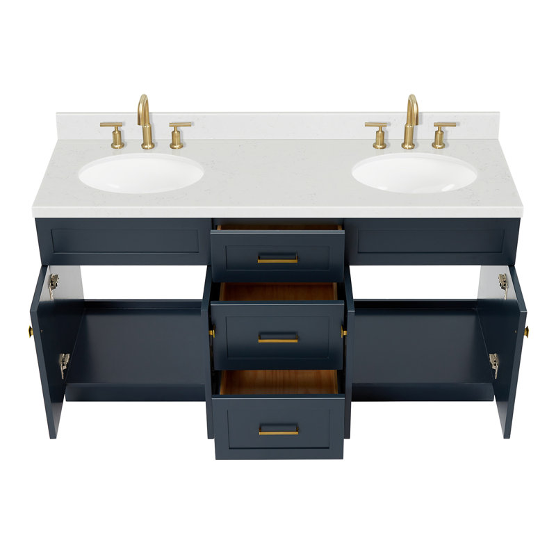 Abell 66.25'' Bathroom Vanity with Carrara Quartz Top, Midnight Blue