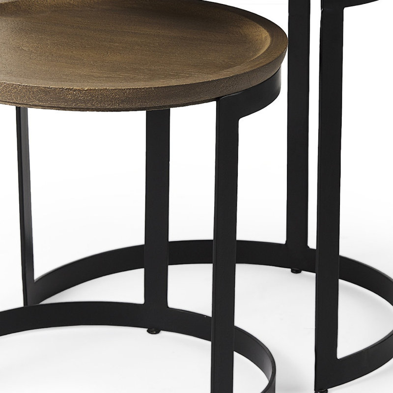 Ensemble de deux tables gigognes rondes en fer et en bois massif brun et noir