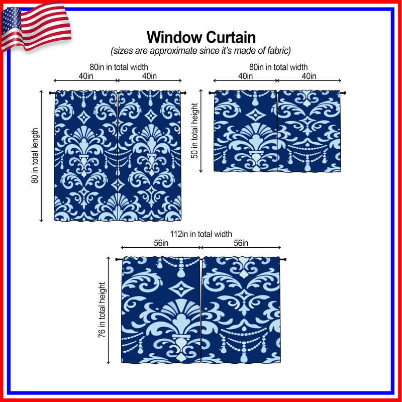 Rideaux de fenêtre bleus damassés à motif damas bleu et obscurcissant - 2 panneaux, Sheer, 40in x 82in - 2 panels