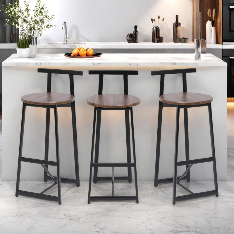 Set Of 3 Bar Stools With Backrest, Footrest And Metal Frame
