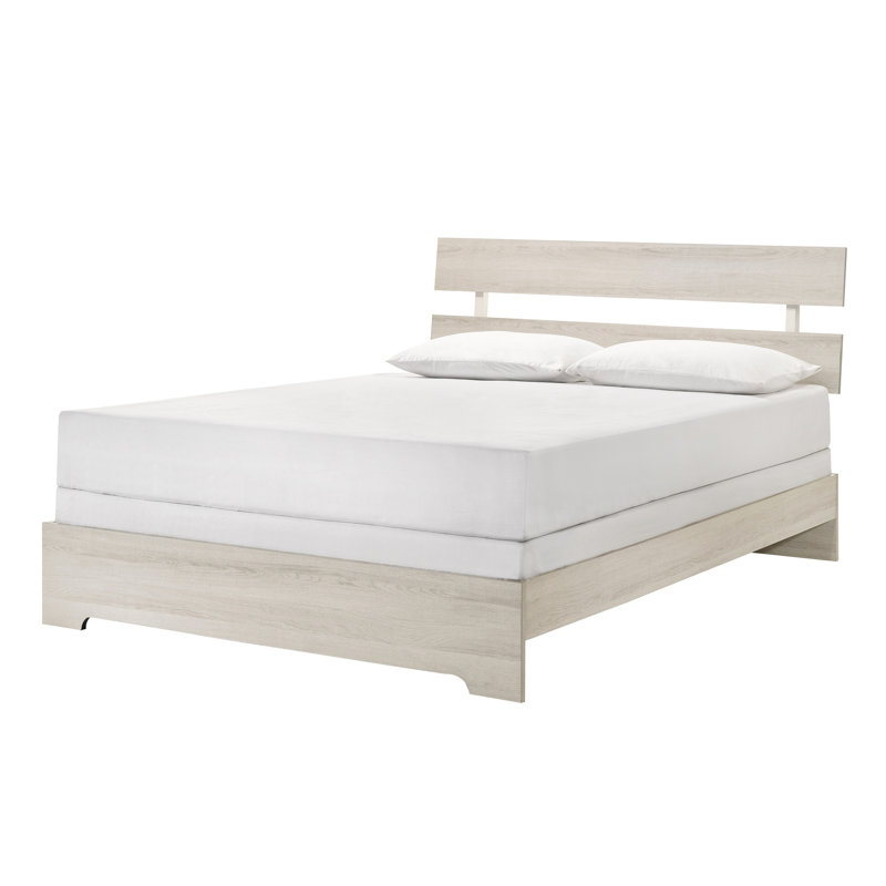 Très grand lit rustique contemporain avec structure à profil bas et fini blanc délavé, solution à une boîte, placages de bois lavés pour la chambre à coucher, structure, solide