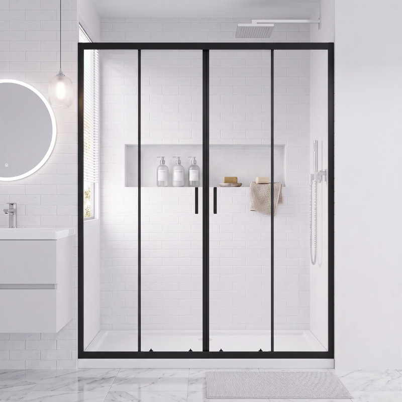 Porte de douche à double cadre coulissante de 58,5 po x 60 po x H 72 po de couleur noir mat avec verre trempé transparent, poignée en acier inoxydable, roulettes doubles lisses