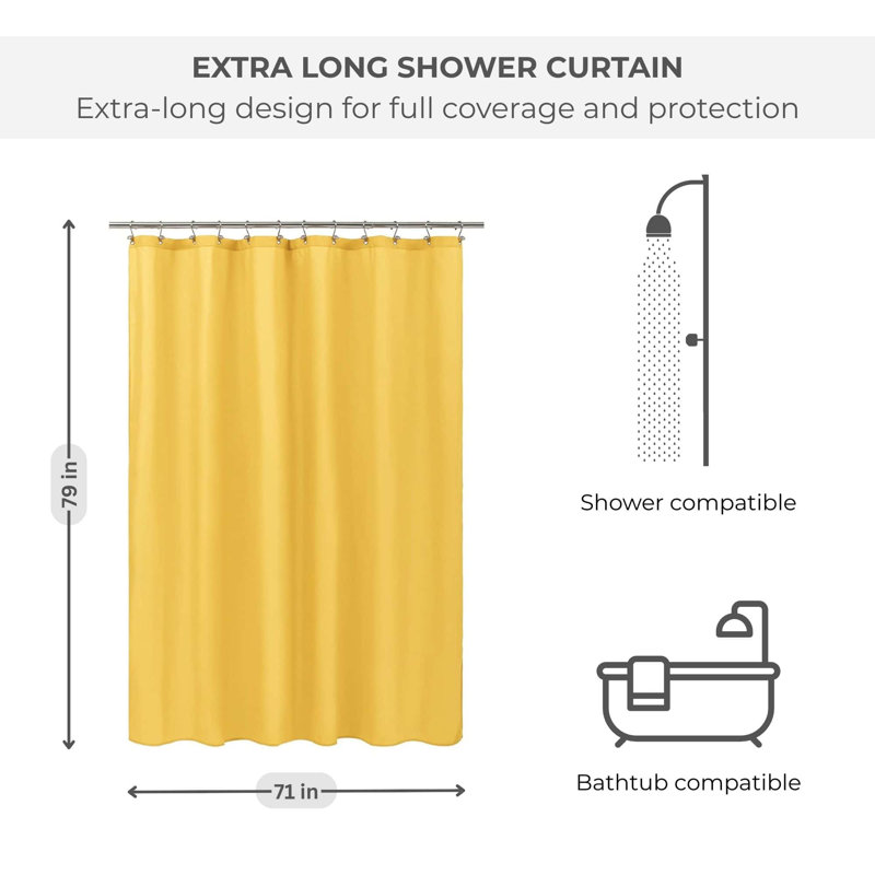 Très longue doublure de rideau de douche imperméable 71 po x 79 po, Jaune moutarde
