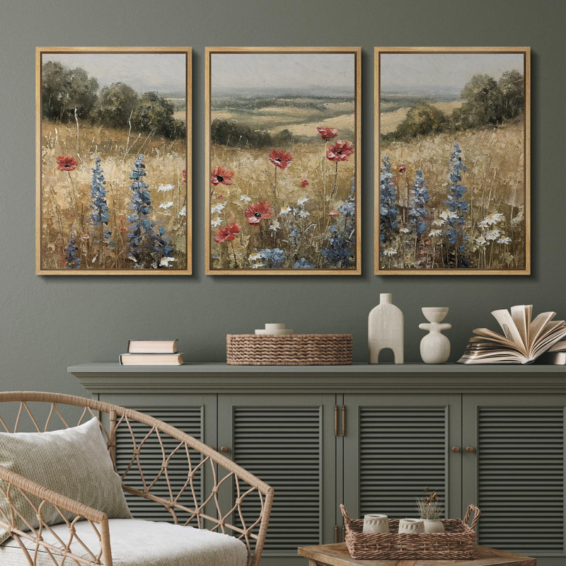 Wildflowers " Rural Splendor Delicate Wildflowers In Meadow Rustic Landscape Illustration Rustic Decor Multicolor " 3 - Pieces