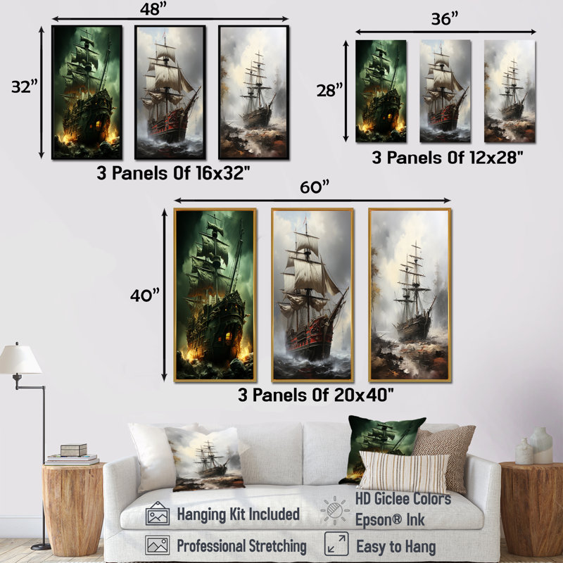 Ensemble de salon pirate Ghost Ship I - Pirate Wall Art, Cadre flottant blanc, H 28 po x l 36 po